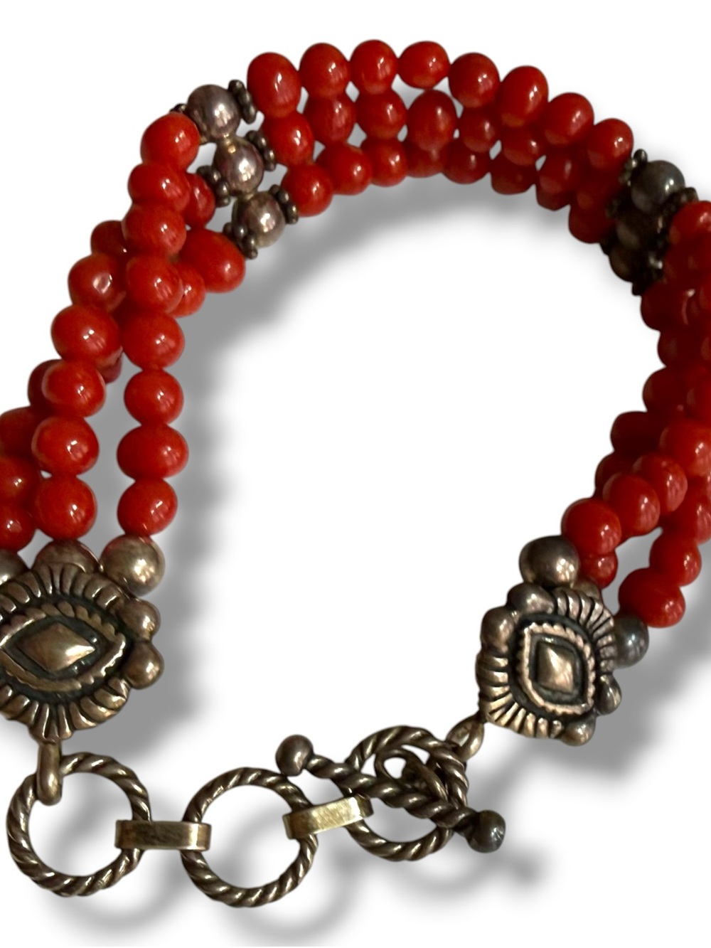 Vtg Michael golan Native American Coral Bead Sterling silver Bracelet M.G. 925